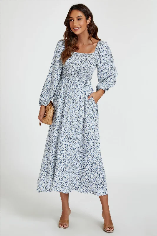 Midi dresses with belted waists to accentuate the figure Floral Print Square Neck Maxi Dress In Light Blue Midi dresses with belted waists to accentuate the figure Floral Print Square Neck Maxi Dress In Light Blue