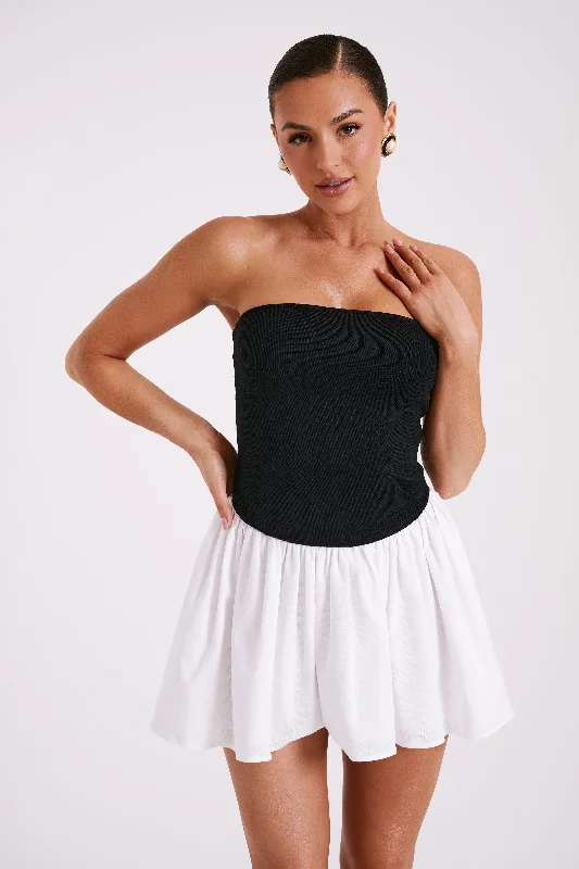 Polyester mini dresses for easy care Hannah Knit And Linen Mini Dress - Black/White