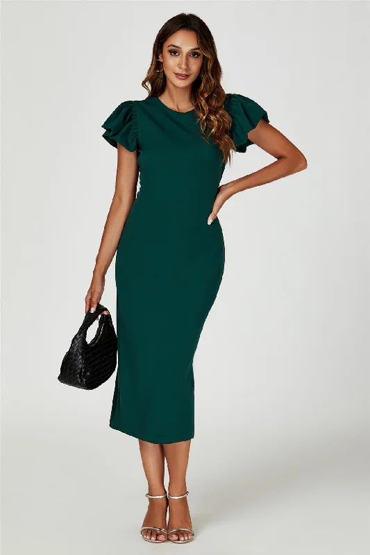Midi dresses with V - necklines for a flattering and elongating effect Figurbetontes Midikleid mit voluminösen Ärmeln in Grün Midi dresses with V - necklines for a flattering and elongating effect Figurbetontes Midikleid mit voluminösen Ärmeln in Grün