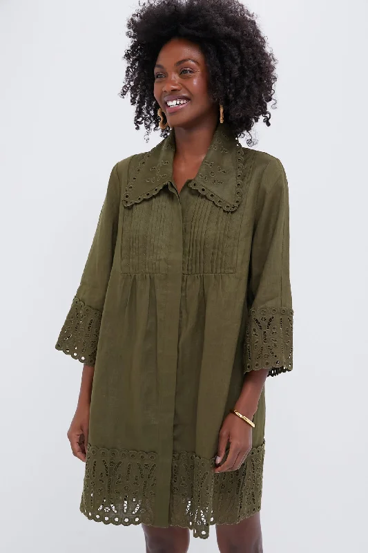 Midi dresses with geometric cutouts for a contemporary and edgy look Army Green Linen Eyelet Delphine Dress Midi dresses with geometric cutouts for a contemporary and edgy look Army Green Linen Eyelet Delphine Dress