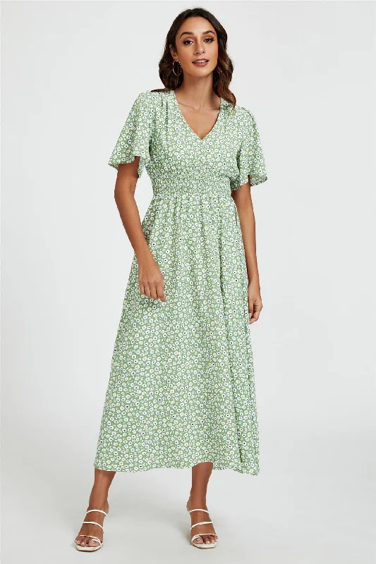 Midi dresses with polka dot prints for a playful summer outfit Multi Floral Print V Neck Midi Dress In Green Midi dresses with polka dot prints for a playful summer outfit Multi Floral Print V Neck Midi Dress In Green