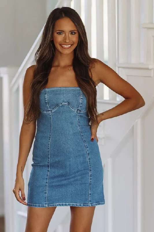 Midi dresses with asymmetric hems for a fashion - forward and dynamic appearance Talk About it Mini Dress - Denim Midi dresses with asymmetric hems for a fashion - forward and dynamic appearance Talk About it Mini Dress - Denim