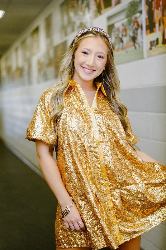 Printed mini dresses for a casual day out Gold Sequin Button Up Dress
