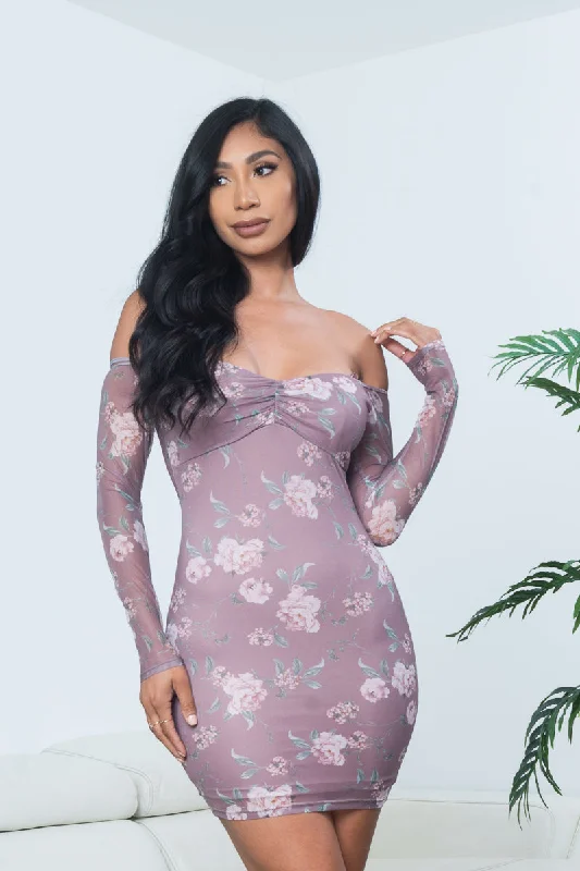Mini dresses with cut - out details for a trendy look Floral Print Long Sleeve Off Shoulder Ruched Bust Bodycon Mini Dress in Mauve (CD54542) Mini dresses with cut - out details for a trendy look Floral Print Long Sleeve Off Shoulder Ruched Bust Bodycon Mini Dress in Mauve (CD54542)