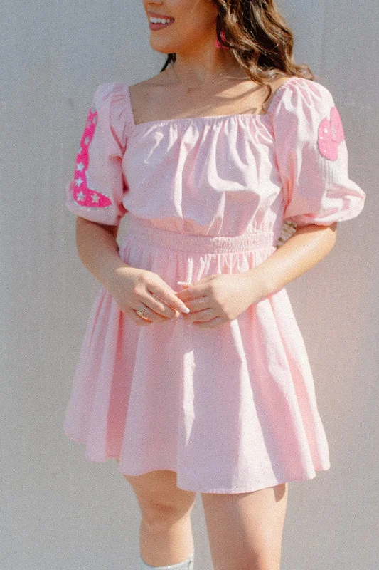 Strapless mini dresses for a beach vacation Pink Sequin Western Patch Babydoll Dress Strapless mini dresses for a beach vacation Pink Sequin Western Patch Babydoll Dress