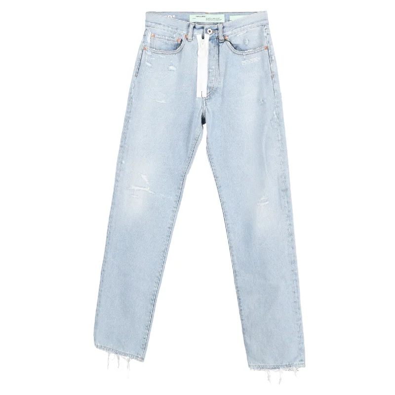 Embroidered women jeans with intricate patternsOff-White c/o Virgil Abloh Mid-Waist Distressed Jeans in Light Blue Cotton Embroidered women jeans with intricate patternsOff-White c/o Virgil Abloh Mid-Waist Distressed Jeans in Light Blue Cotton