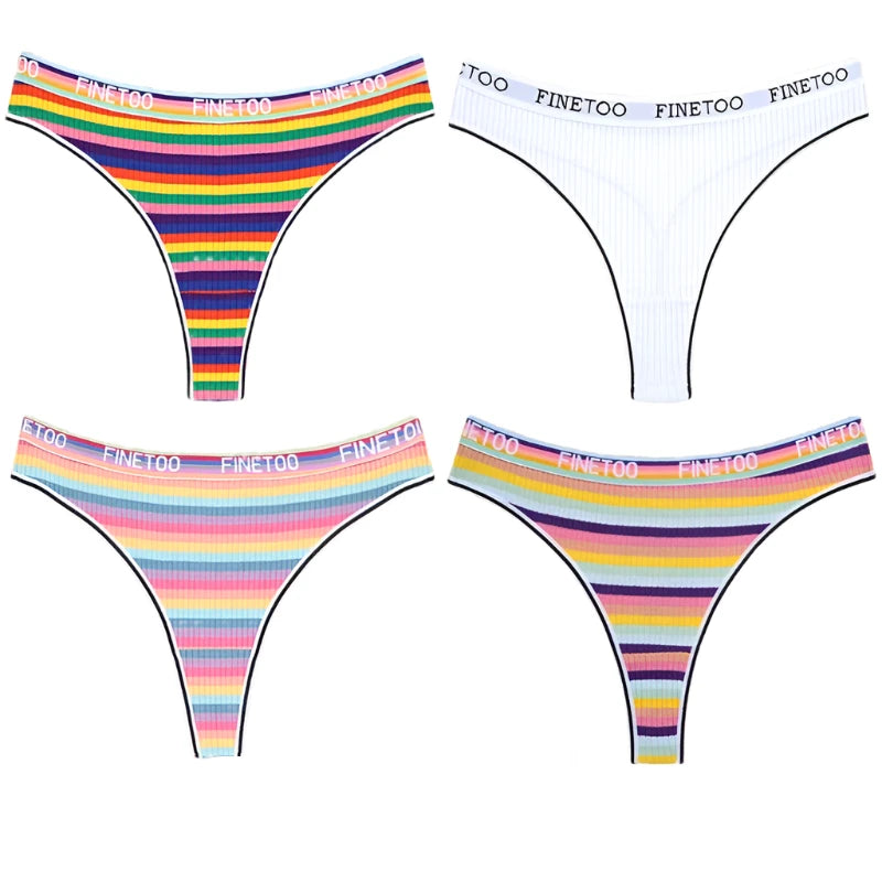 odor - control women thongs for long - lasting freshnessFFINETOO 4 Multicolor Striped & White Seamless Thongs: Comfortable Cotton Underwear for Women
