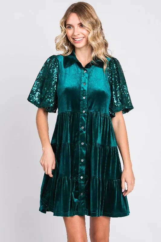 stylish design women nursing braForest Green Velvet Tiered Sequin Short Sleeve Dress stylish design women nursing braForest Green Velvet Tiered Sequin Short Sleeve Dress