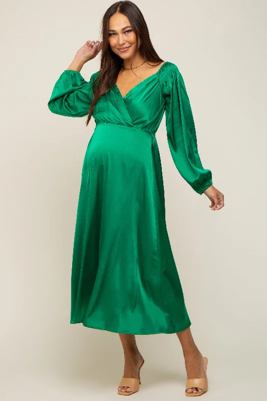 sleep - friendly women nursing braGreen Satin Wrap Top Maternity Midi Dress