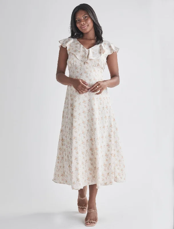 plus size seamless women nursing braMika Maternity Ruffle Dress in Cream Floral Silky