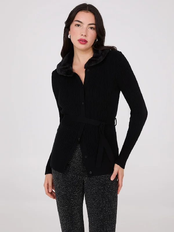 cable knit women cardigan with intricate patternsRibbed Cardigan With Removable Faux Fur Collar cable knit women cardigan with intricate patternsRibbed Cardigan With Removable Faux Fur Collar