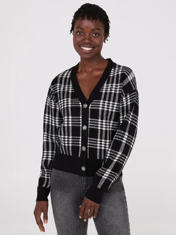 button down women cardigan with vintage buttonsPlaid V-Neck Knit Cardigan