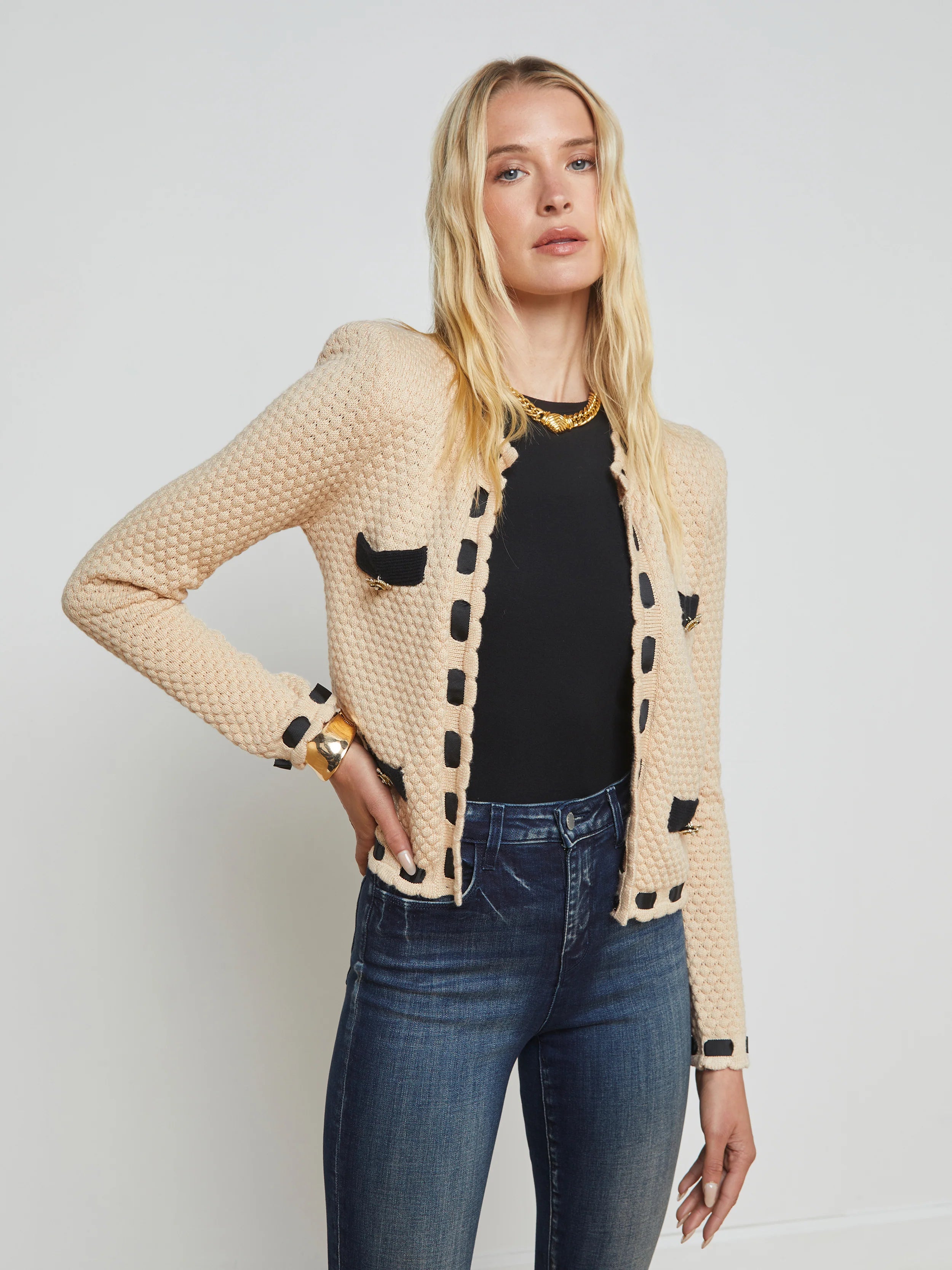 sequin embellished women cardigan for special occasionsAstor Contrast Trim Cardigan Biscuit/Black sequin embellished women cardigan for special occasionsAstor Contrast Trim Cardigan Biscuit/Black