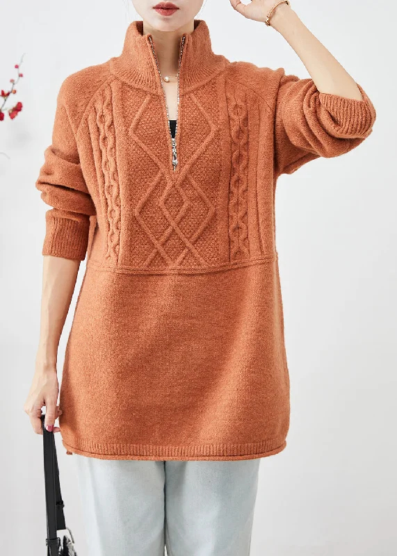 High - Low Hem Women's Cashmere - Blended SweatersBoho Orange High Neck Zip Up Thick Knit Sweater Tops Winter High - Low Hem Women's Cashmere - Blended SweatersBoho Orange High Neck Zip Up Thick Knit Sweater Tops Winter