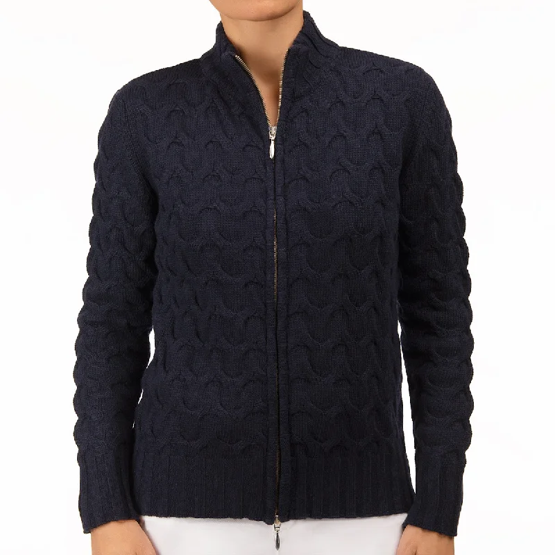 cable knit women cardigan with intricate patternsCable Knit Cardigan in Navy