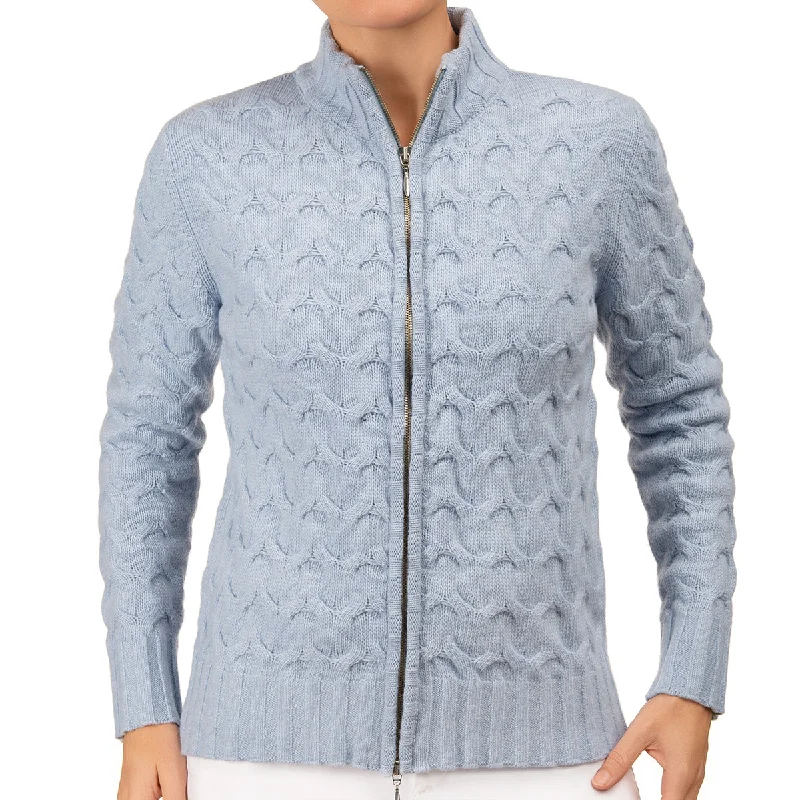 long length women cardigan with side slitsCable Knit Cardigan in Pale Blue