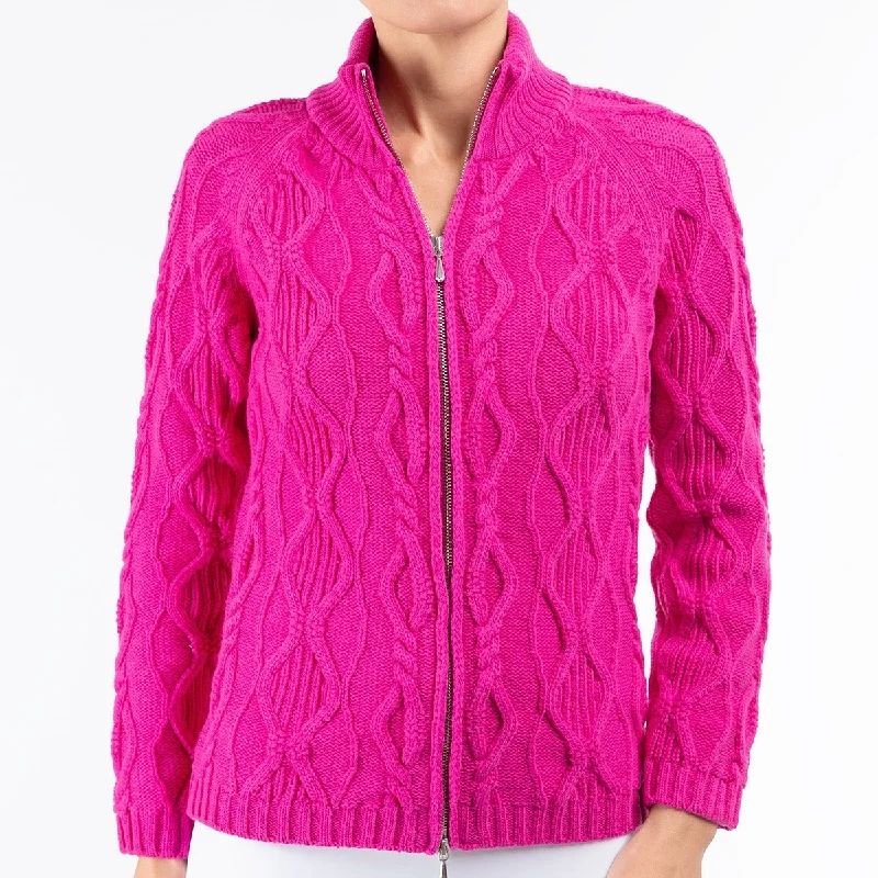 ribbed women cardigan with a classic textureCable Zip Cardigan in Fuxia