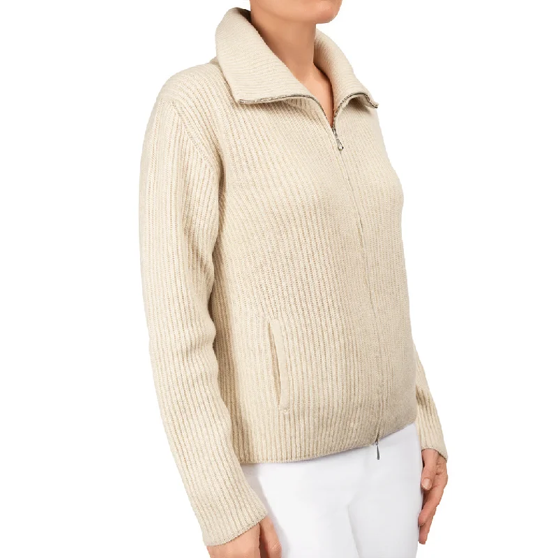 hand knitted women cardigan with artisanal charmCashmere & Wool Rib Zip Cardigan in Latte hand knitted women cardigan with artisanal charmCashmere & Wool Rib Zip Cardigan in Latte