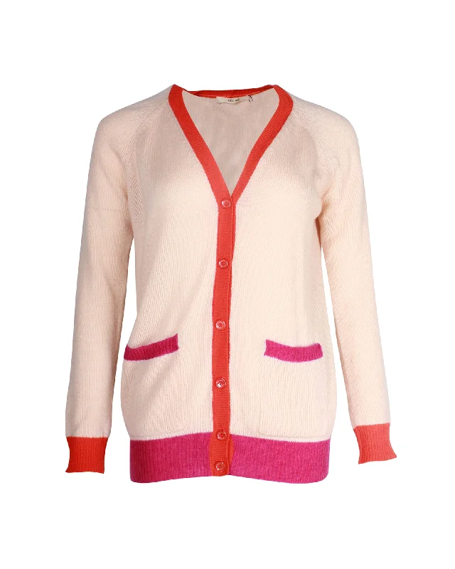 color block women cardigan with bold huesCéline Colorblock Trim Knit Cardigan in Peach Cashmere color block women cardigan with bold huesCéline Colorblock Trim Knit Cardigan in Peach Cashmere