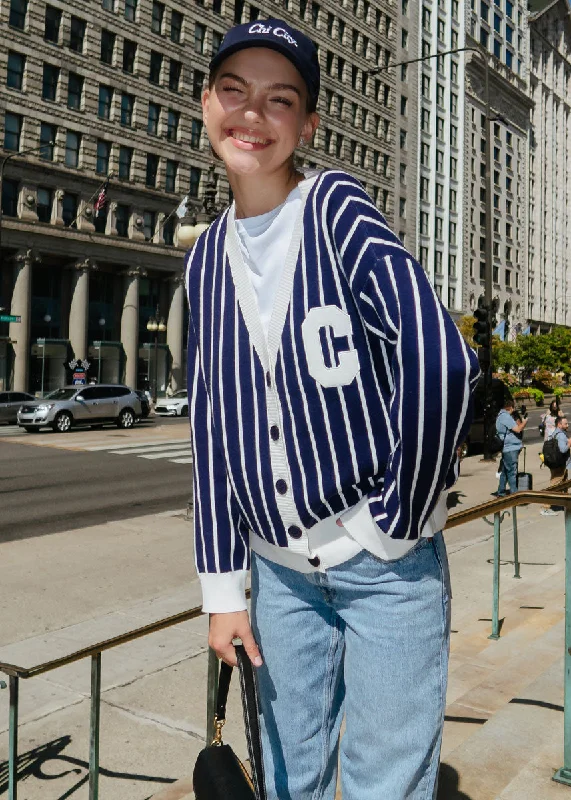 open front women cardigan for easy stylingChicago Striped Cardigan - Navy