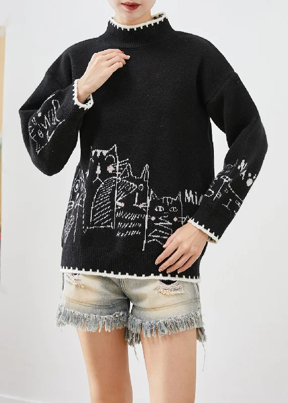 Button - Down Women's Shetland Wool Sweaters in Traditional PatternsClassy Black Turtle Neck Print Knit Sweater Tops Fall Button - Down Women's Shetland Wool Sweaters in Traditional PatternsClassy Black Turtle Neck Print Knit Sweater Tops Fall