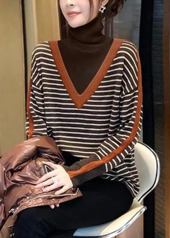 Plus Size Women's Sequined Sweaters for Special OccasionsClassy Striped Hign Neck Patchwork Knit Sweaters Tops Fall Plus Size Women's Sequined Sweaters for Special OccasionsClassy Striped Hign Neck Patchwork Knit Sweaters Tops Fall