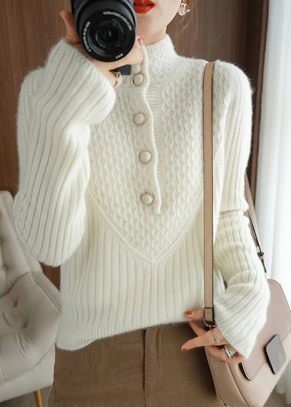 Plus Size Women's Ruffled Hem Sweaters in Floral PrintsClassy White Stand Collar Button Thick Patchwork Knitted Sweaters Fall Plus Size Women's Ruffled Hem Sweaters in Floral PrintsClassy White Stand Collar Button Thick Patchwork Knitted Sweaters Fall