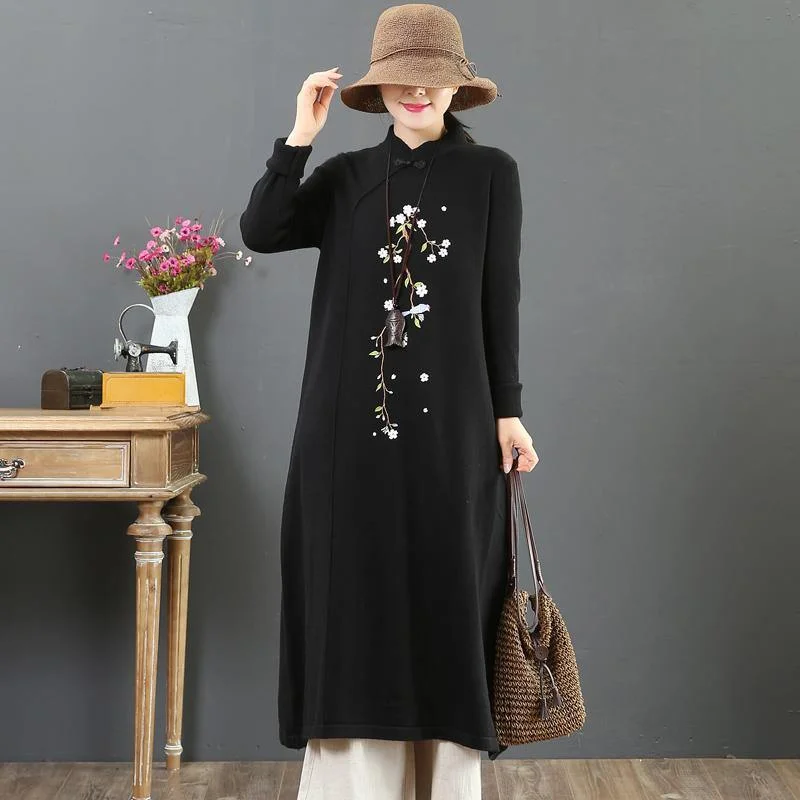 Bell - Sleeve Women's Mohair - Wool Blend SweatersComfy stand collar Sweater embroidery weather Moda black Ugly knitwear Bell - Sleeve Women's Mohair - Wool Blend SweatersComfy stand collar Sweater embroidery weather Moda black Ugly knitwear