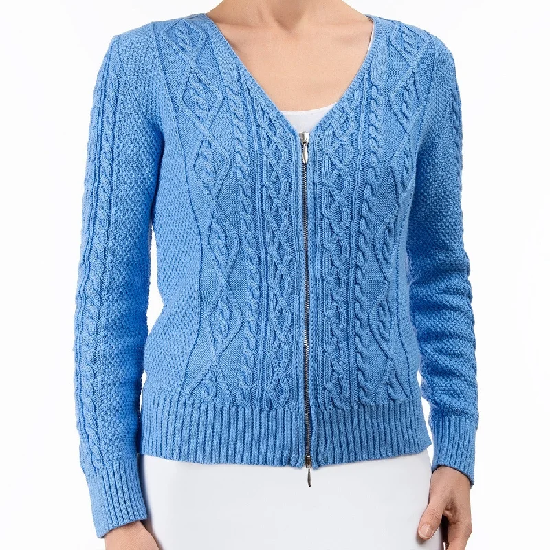 long length women cardigan with side slitsCotton Cable Zip Cardigan in French Blue long length women cardigan with side slitsCotton Cable Zip Cardigan in French Blue