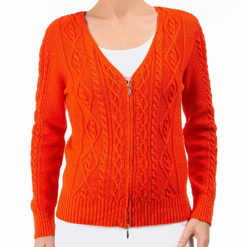 hand knitted women cardigan with artisanal charmCotton Cable Zip Cardigan in Mandarino hand knitted women cardigan with artisanal charmCotton Cable Zip Cardigan in Mandarino