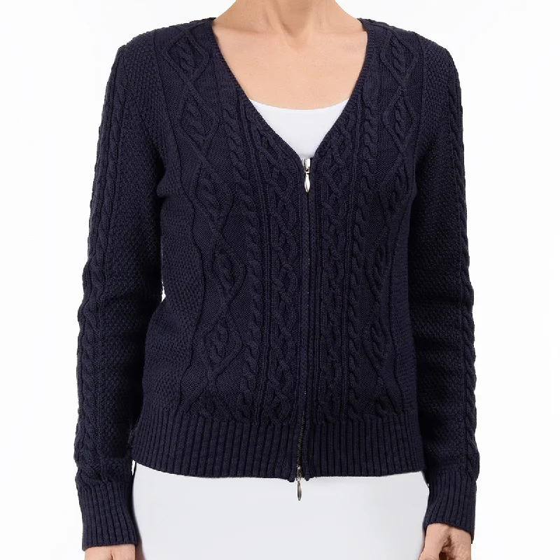 color block women cardigan with bold huesCotton Cable Zip Cardigan in Navy