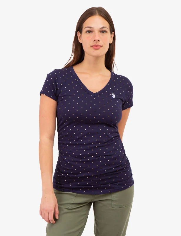 Sleeveless Women T Shirt for Summer ComfortDOT PRINT RUCHED SIDE V-NECK T-SHIRT