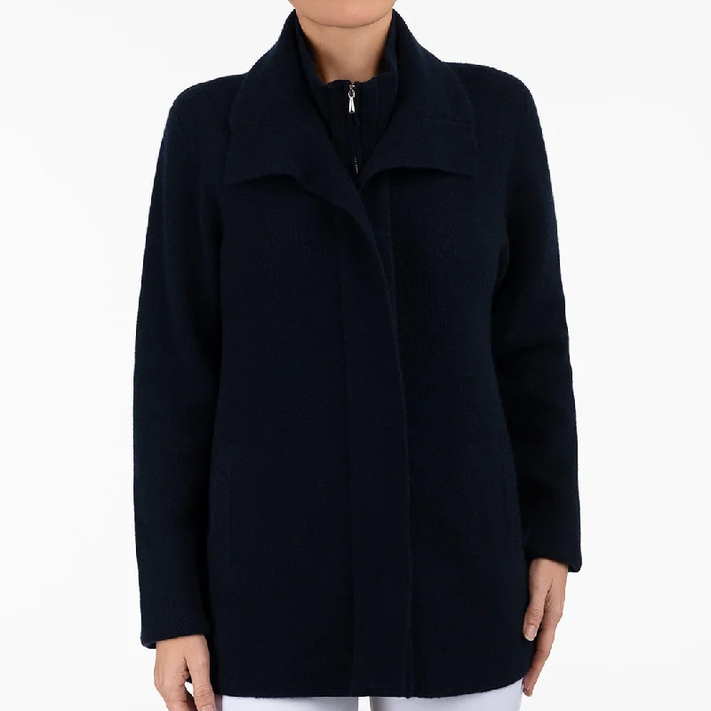 ribbed women cardigan with a classic textureDouble Collar Zip Front Cardigan in Navy