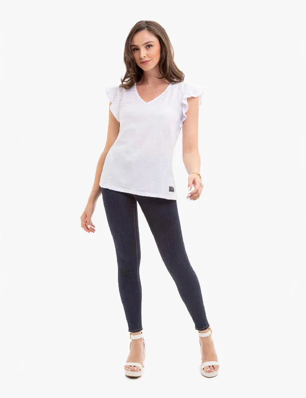 Sheer Women T Shirt for a Stylish and Alluring LookEYELET YOKE FLUTTER SLEEVE TOP