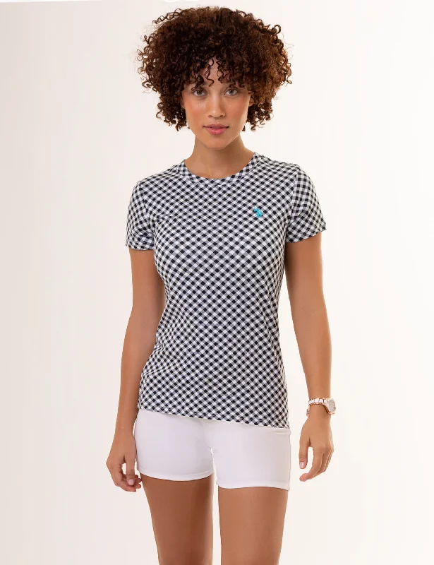 Crop Top Women T Shirt to Pair with High - Waisted BottomsGINGHAM CREW NECK T-SHIRT