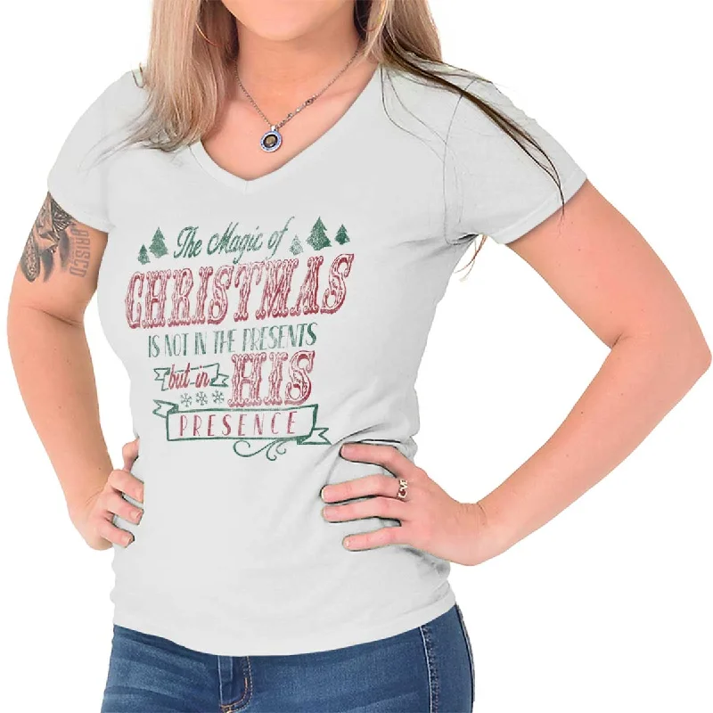 Graphic Print Women T Shirt for a Trendy StatementHis Presence Christmas Junior Fit V-Neck T-Shirt Graphic Print Women T Shirt for a Trendy StatementHis Presence Christmas Junior Fit V-Neck T-Shirt