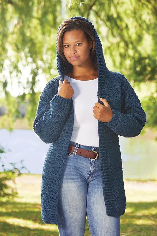 cable knit women cardigan with intricate patternsHooded Crocheted Cardigan