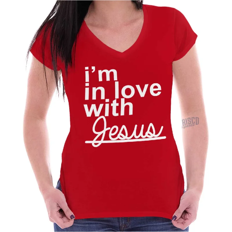 Embroidered Women T Shirt with Intricate DetailsI'm In Love With Jesus Printed - Junior Fitted V-Neck T-Shirt Embroidered Women T Shirt with Intricate DetailsI'm In Love With Jesus Printed - Junior Fitted V-Neck T-Shirt