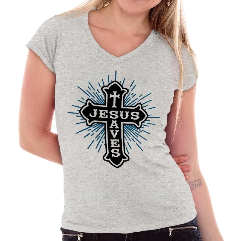 Crop Top Women T Shirt to Pair with High - Waisted BottomsJesus Saves Junior Fit V-Neck T-Shirt Crop Top Women T Shirt to Pair with High - Waisted BottomsJesus Saves Junior Fit V-Neck T-Shirt
