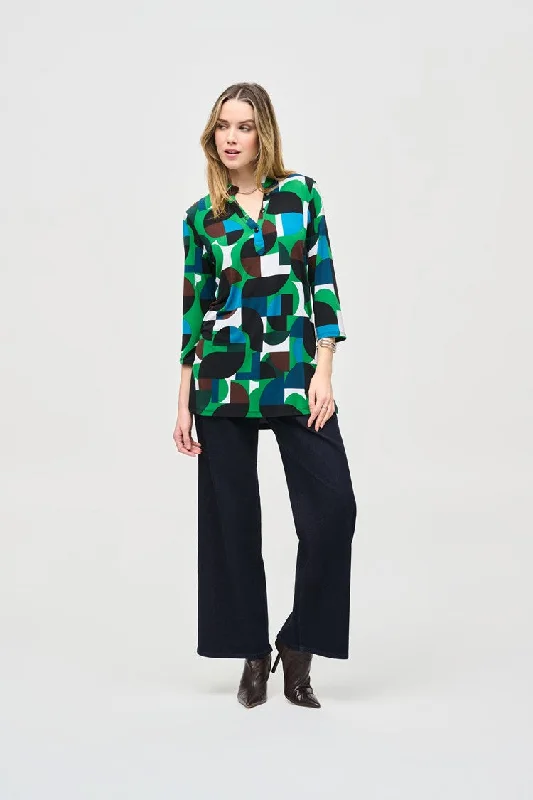 Bell - Sleeve Women's Mohair - Wool Blend SweatersJoseph Ribkoff Vanilla/Multi Silky Knit Geometric Print Trapeze Tunic Bell - Sleeve Women's Mohair - Wool Blend SweatersJoseph Ribkoff Vanilla/Multi Silky Knit Geometric Print Trapeze Tunic