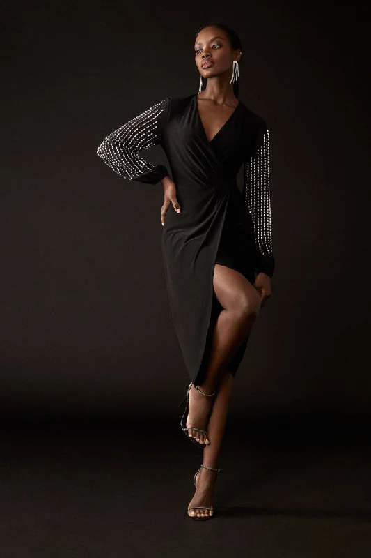 Sleeveless Women's Silk - Trimmed Sweaters for SummerJoseph Ribkoff Black Silky Knit And Chiffon Wrap Dress Sleeveless Women's Silk - Trimmed Sweaters for SummerJoseph Ribkoff Black Silky Knit And Chiffon Wrap Dress