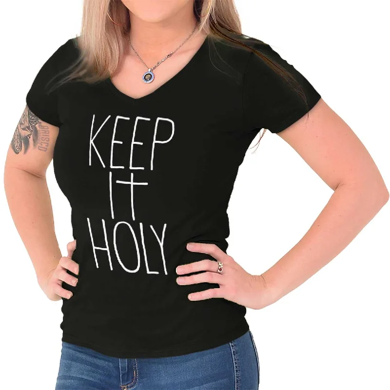 Striped Women T Shirt in a Classic PatternKeep It Holy Printed - Junior Fitted V-Neck T-Shirt Striped Women T Shirt in a Classic PatternKeep It Holy Printed - Junior Fitted V-Neck T-Shirt
