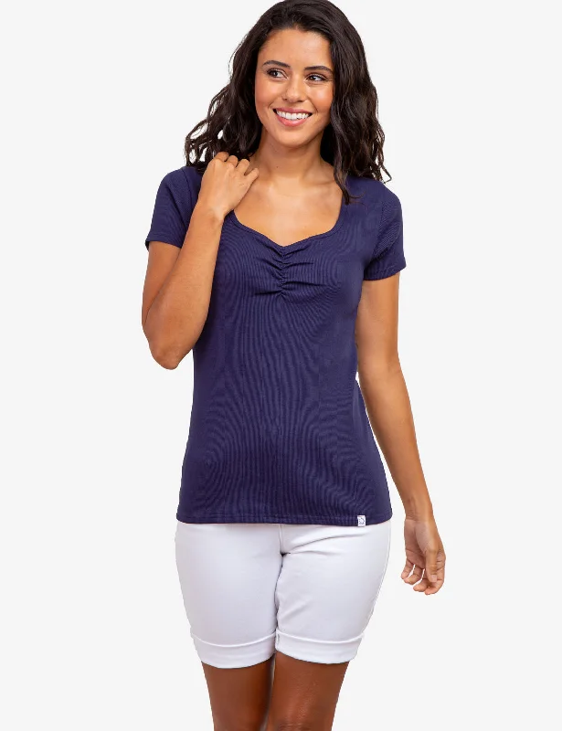 Embroidered Women T Shirt with Intricate DetailsKNOTCHED RIB SHORT SLEEVE TOP