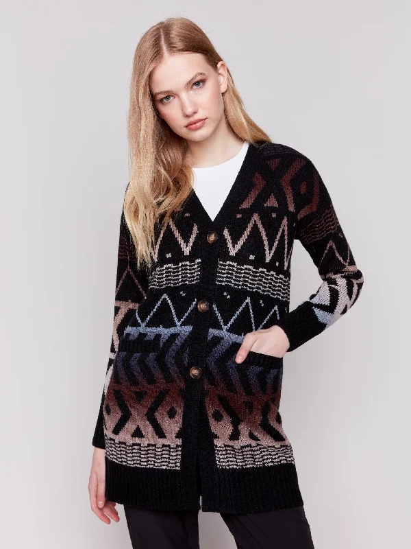 cropped women cardigan to pair with high - waisted jeansLong Ombre Pattern Cardigan - Midnight cropped women cardigan to pair with high - waisted jeansLong Ombre Pattern Cardigan - Midnight