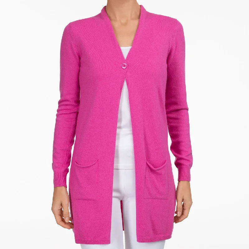 v neck women cardigan to elongate the necklineLong One Button Cardigan in Fuxia