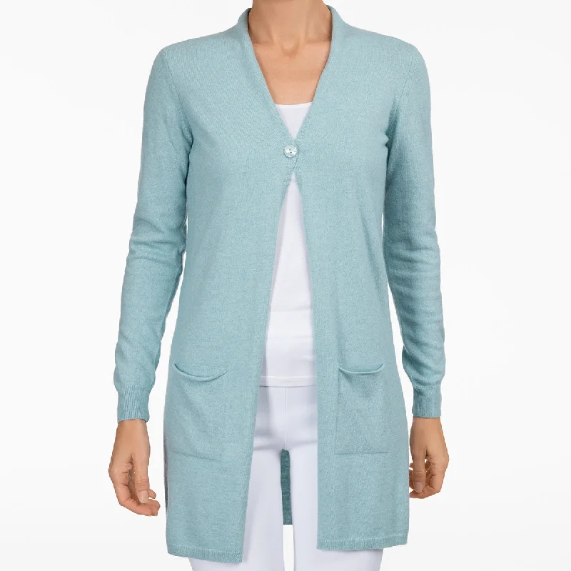 lightweight women cardigan for spring and fallLong One Button Cardigan in Lt Turq