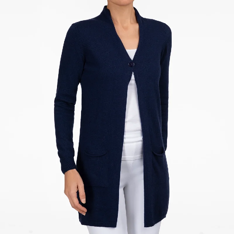 cable knit women cardigan with intricate patternsLong One Button Cardigan in Navy