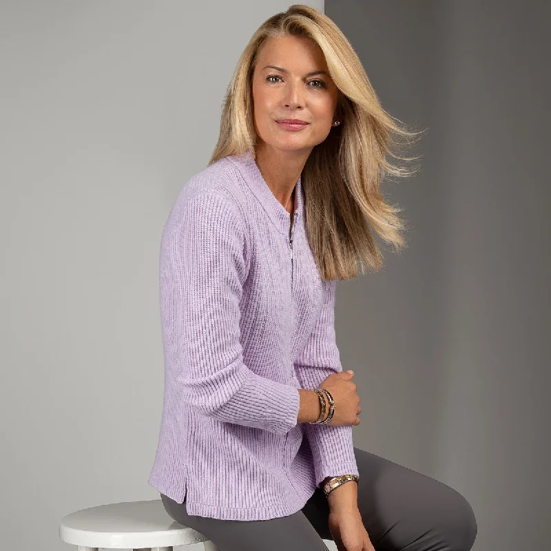 open front women cardigan for easy stylingLurex Zip Cardigan in Lavender