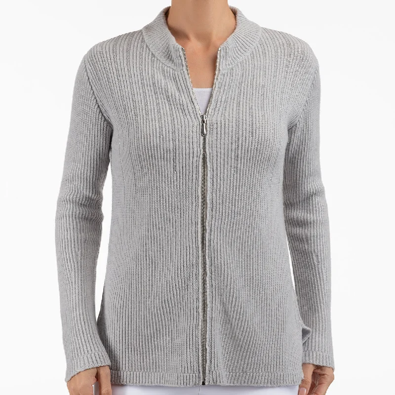 cable knit women cardigan with intricate patternsLurex Zip Cardigan in Pearl Grey