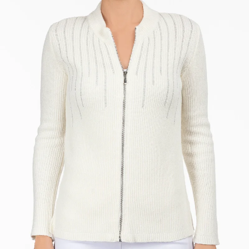 cable knit women cardigan with intricate patternsLurex Zip Cardigan in White